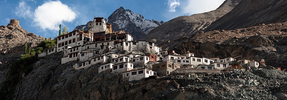 The iconic 32-meter golden Maitreya Buddha statue at Diskit Monastery, facing the vast Nubra Valley.