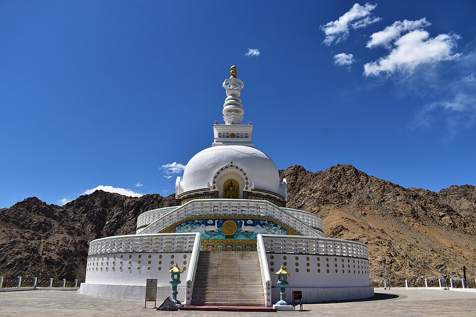 Front view of the white-domed Shanti Stupa overlooking Leh, Ladakh