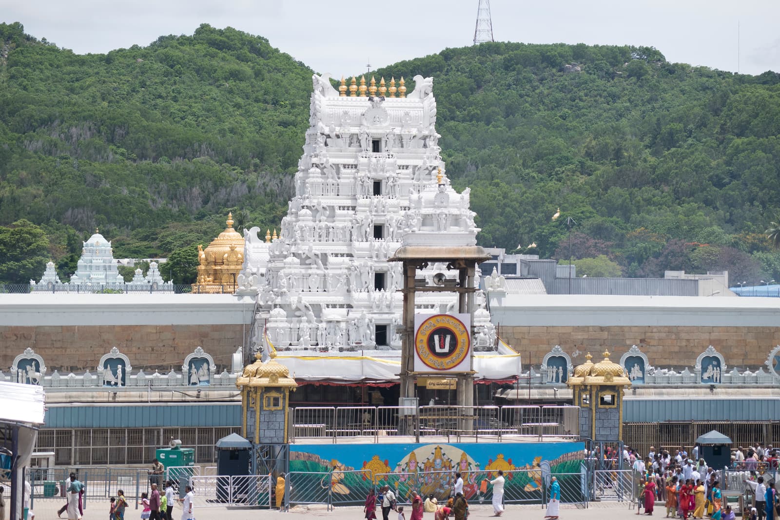 Front view of Tirumala Venkateswara Temple gopuram, Tirupati, Andhra Pradesh